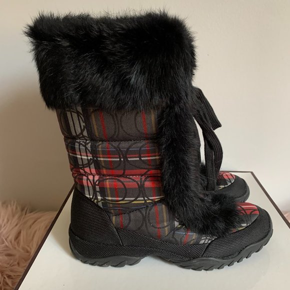 COACH JENNIE SIGNATURE "C" PLAID WITH RABBIT FUR TRIM BOOTIE BOOTS - Picture 4 of 12
